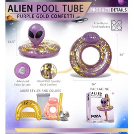 POZA Inflatable Alien Pool Float Tube - Heavy Duty Vinyl UV Resistant Confetti Pool Alien Floatie, Cool Pool Float Swim Ring Pool Inflatables for Kids, Adults for Beach, Party, Vacation - Purple Gold