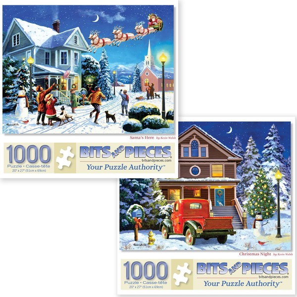 Bits and Pieces - Value Set of Two (2) 1000 Piece Jigsaw Puzzles for Adults - Puzzles Measure 20" x 27" - 1000 pc Santa's Here, Christmas Night – Holidays, Reindeer - Jigsaws by Artist Kevin Walsh