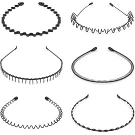 6 Pcs Diademas de Metal para Hombre y Mujer,Bandas de Moda para la Cabeza para Mujer,Diadema Ondulada Neutra,Onduladas,Deportivas,Unisex,Elásticas,Antideslizantes,Sencillas,Negro