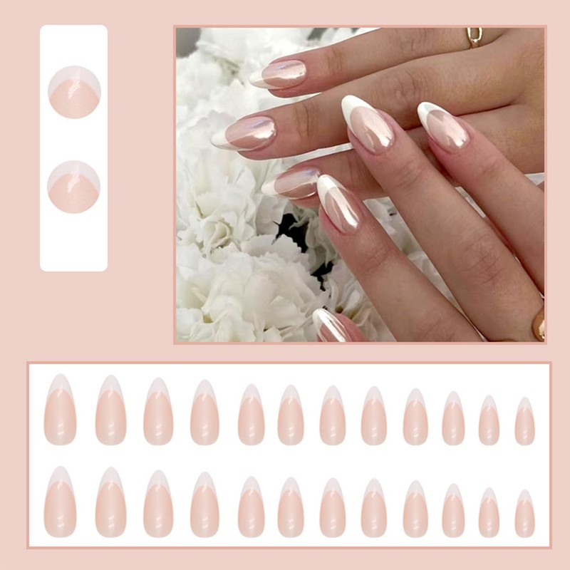 24Pcs Almond French Tip False Nails, Shiny White Edge Press