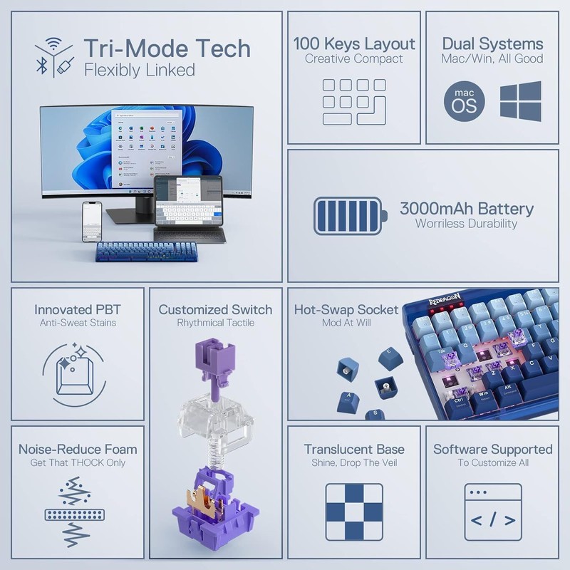 Redragon K656 PRO 3-Mode Wireless RGB Gaming Keyboard, 100 Keys