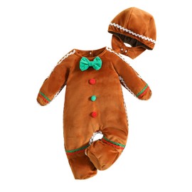 Adobabirl Baby Gingerbread Costume Boy Girl Christmas Outfit Gingerbread Onesie Footies Romper with Hat Cute Cosplay Outfit (Brown,3-6 Months)