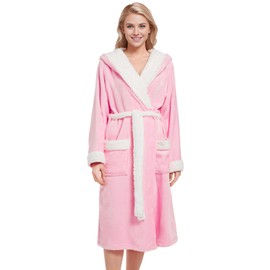 Inner Wish Women Hooded Plush Robe, Fleece Cozy Warm Bathrobe,LT.PINK+WHITE,2XL/3XL