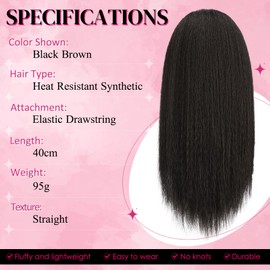 PEACOCO Drawstring Ponytail for Black Women Long Yaki Straight Ponytail Hair Extension 16 Inch Thick Pony Tail Clip in Synthetic Ponytail Hairpiece 2# Black Brown