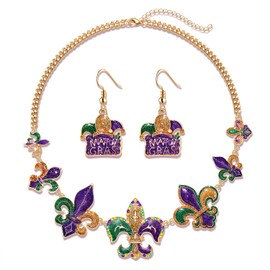 PHALIN Mardi Gras Necklace Earrings Set for Women, Glitter Fleur De Lis Carnival Choker Collar Necklaces Jester Hat Dangle Earring Mardi Gras Accessory Parade Party Favors Gifts