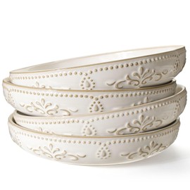 Artena Pasta Bowls, 50oz Large Salad Serving Bowls, 9.75'' Plates Bowls Set of 4, Big White Ceramic Soup Bowls for Kitchen, Embossment Shallow Dinner Bowl, Microwave Dishwasher Safe, Damask Floral