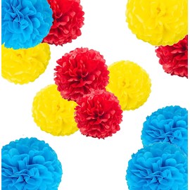 Blue Yellow Red Paper Pom Poms,Party Tissue Paper Flowers Balls,Party Hanging Decoration Supplies, Size of 10inch, 12inch, Pack of 12