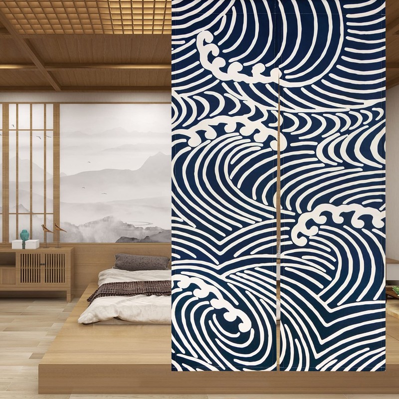 LIGICKY Japanese Noren Doorway Curtain Tranditional Wave Printed Window Treatment