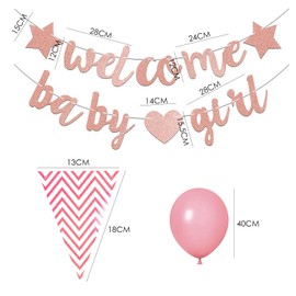 1 piece welcome baby girl pull flag and 1 piece triangle pull flag with 20 pcs 12-inch balloons, birthday party hanging decoration, birthday banner, holiday decoration, party supplies (pink).