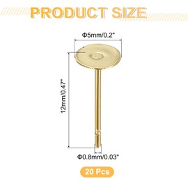 sourcing map 20Pcs Stud Earring Posts, 5mm Stainless Steel Flat Pad Ear Pin with Butterfly Earring Backs for Jewelry DIY Making Findings, Gold