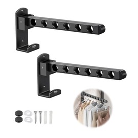 MINZHI Pack of 2 Folding Clothes Hooks, Black, 6 Holes, Wall Clothes Rail, Wall Mounting, Folding Hooks, with Mounting Screws, Suitable for Bathrooms, Dormitories and Balconies