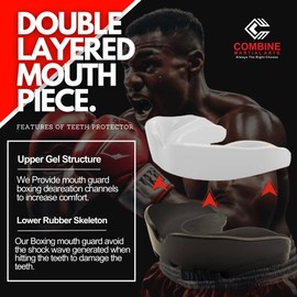 Combine Martial Arts Gel Max Mouth Guard Sports-Easy to Fit-Mouth Guard for Lacrosse, Hockey and Other Sports-Heavy Duty Protection-Black White-Adult.