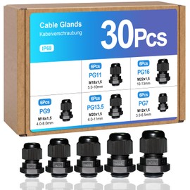 Pack of 30 Waterproof Cable Glands PG7, PG9, PG11, PG13.5, PG16 Cable Gland Waterproof, Cable Glands Joints with Seals for Control Box Junction Box