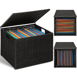 Extra Large Decorative File Box Seagrass File Box Organizers for Letter & Legal Size Basket Hanging Filing Cabinet with Lid Document Folder Basket for Home Office Decor(Black,Paper Rope)