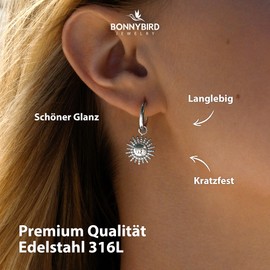 BONNYBIRD® BonnySun Sun Sun Earrings Made of Premium Stainless Steel - 100% Waterproof & Skin-friendly Hoop Earrings Women (14 mm), Stainless Steel