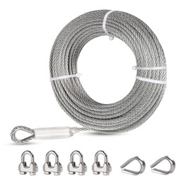 3/8" Stainless Steel Cable, 50FT Wire Rope, 7X 19 Strands Zip Line Cable with Clamps and Thimble, 12000lbs Breaking Strength, Steel Aircraft Cable for Yard Zipline, Winch Cable