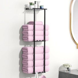 KLJKPA Towel Racks for Bathroom, Towel Storage with 3 Tier Metal Shelf and 6 Hooks, Wall Mounted Bath Rolled Towel Holder Organizer for Small Bathroom (Matte Black)