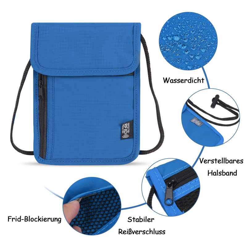 KASURE Neck pouch with RFID protection, blue, Classic