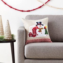 Violet Linen Christmas Ornaments Modern Pattern, Polyester Burlap Fabric, Applique Print Felt Design, Snowman, 18 Inch x 18 Inch, Decorative Throw Pillow