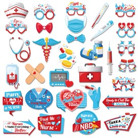 Qpout 32pcs Nurse Appreciation Week Party Photo Booth Props Novelty Thank You Nurses Selfie Props 2024 Medical Party Decorations Nursing Party Decor Nurse School Graduation Party Supplies