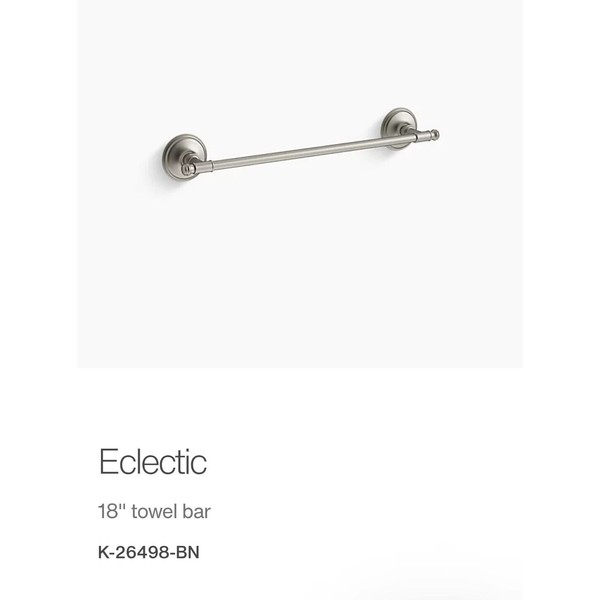 Kohler K-26498-BN Eclectic 18" towel bar, BRUSHED NICKLE, NIB, $AVE!!!