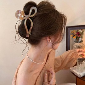 Bow Hair Claw Clips Large Brown Bowknot Hair Clip Acrylic Strong Hold Hair Jaw Clip Elegant French Ribbon Design Hair Barrettes Cute Bow Nonslip Hair Styling Accessories for Women Girls 1Pack