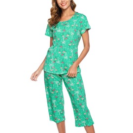 ENJOYNIGHT Womens Pyjamas Short Sleeve Top and Cropped Bottoms Pjs Set Cotton Loungewear Cute Print Nightwear (Large,Green Flamingo)
