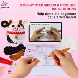 GougouStar Crochet Kit for Beginners - Amigurumi Animal Cow Crochet Kits - Knitting Kit with Step-by-Step Video Tutorials and Crochet Accessories - Beginner Crochet Kit with 50% Extra Yarn