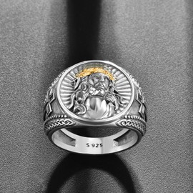 Religious Sacred Rings for Men Sterling Silver Jesus Heart/Crown of Thorns Religious Retro Sacred Rings St Jesus Heart Christian Ring Gesc, Sterling Silver, No Gemstone