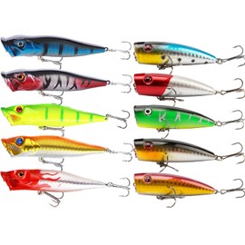 FANGBLUE Popper Fishing Lures 10Pcs Topwater Fishing Baits Hard Baits 3D Eyes Swimbait Crankbait with Treble Hook for Bass Trout Freshwater Saltwater