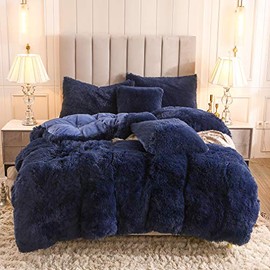 Uhamho Faux Fur Velvet Fluffy Bedding Duvet Cover Set Down Comforter Quilt Cover with Pillow Shams, Ultra Soft Warm and Durable (Twin, Navy)