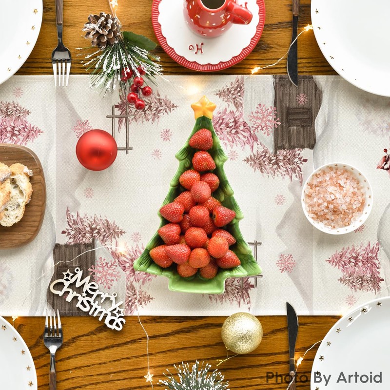 Artoid Mode Pink Snowman Christmas Table Runner, Seasonal Winter Kitchen