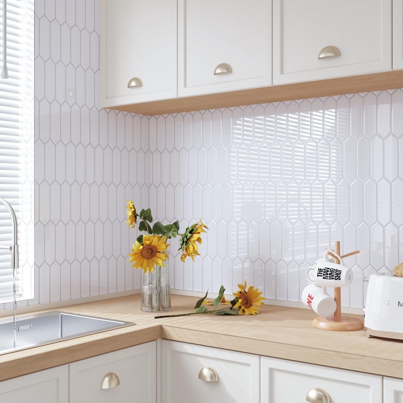 CRE8TIVE 4 Sheets White Long Hexagon Peel and Stick Backsplash