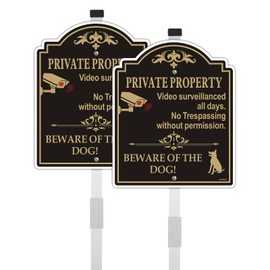 Andchi 2-pack Yard Signs Aluminium Surveillance Warning Sign Dog Sign Safety Signs with Alu Stakes and Accessories (Black, 24.6 * 29.6cm)