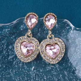 Atentuyi Heart Earrings Gold CZ Heart Earrings Pink Crystal Tear Earrings Heart Dangle Earrings Wedding Bridal Rhinestone Earrings For Women Prom Earrings Jewellery Brides Bridesmaids