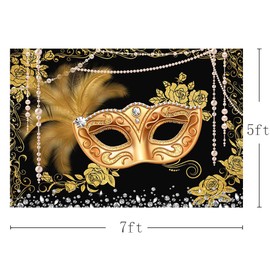 MEHOFOND Masquerade Ball Backdrop Black Gold Masquerade Party Photography Background Mardi Gras Carnival Costume Party Decorations Sweet 16 Dress-Up Banner Supplies Photo Studio Props 7x5ft