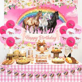 JOYMEMO Horse Birthday Party Decorations Girls, Cute Cartoon Horse Theme Backdrop Happy Birthday Pennant Banner and Printed Balloons for Rainbow Horse Party Supplies