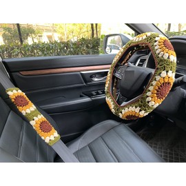 Handmade Crochet Sunflower Car Steering Wheel Covers Universal 14-15 inch for Women and Men (Steering Wheel Cover+2 Belt Cover)