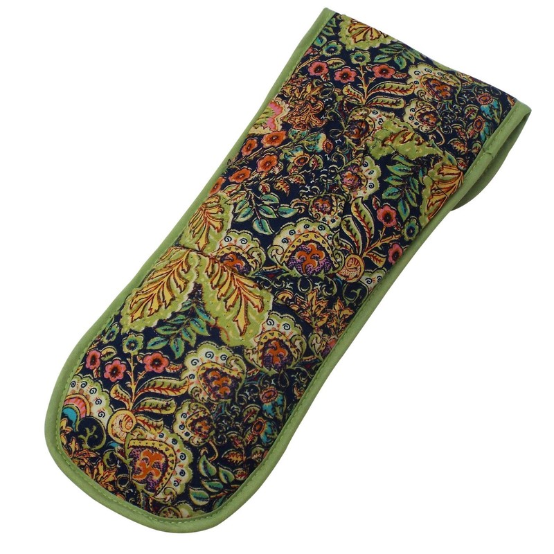 Heat-resistant Flat Iron Cover- Navy with Floral Pattern and Green