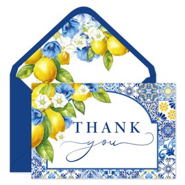 JarThenaAMCS 24 Pack Lemon Thank You Cards Mediterranean Greeting Card With Envelopes Stickers Blue Tile Yellow Lemon Flower Blank Note Card for Summer Birthday Baby Shower Party