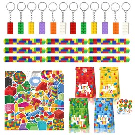 86 Pieces Building Blocks Birthday Party Bag Children's Birthday, 12 Children's Slap Bracelets, 12 Key Chains, 12 Gift Bags and 50 Stickers, DIY Blocks Themed Party Gift for Children Boys Girls