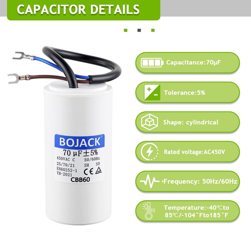 BOJACK 70 uF 450V AC 70 MFD CBB60 Wire Lead