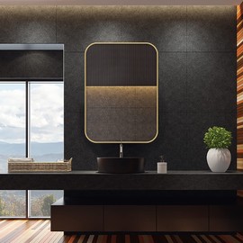 JENBELY 22x30 Inch Gold Bathroom Mirror, Brushed Brass Gold Metal Framed Rectangular Mirror with Rounded Corner, Bathroom Vanity Mirror for Bedroom or Living Room, Horizontal/Vertical