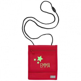 Neck Pouch with Name, Star Motif, Customisable and Printed with Name Print, Children's Purse, Coin Compartment for Children, Boys, Girls with Velcro Fastener for Hanging, red, Casual