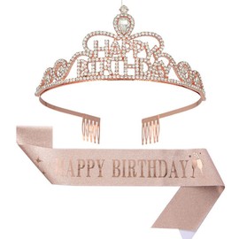 Yean Birthday Silver Tiaras Crown Crystal Princess Crowns Rhinestone Tiara with Comb Headband Sash Crown for Women a n d Girls (Rose Gold)