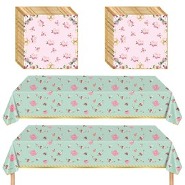 Afternoon Tea Decorations, 2 PCS Floral Tablecloth Disposable and Napkins 20PCS, Garden Party Tableware Decorations, Floral Design for Weddings, Birthdays, Baby Shower Party Supplies Decoration