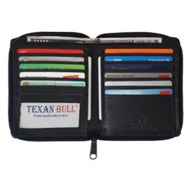 Texan Bull RFID Signal Blocking Zip-around Mens Wallet Genuine Leather European Hipster (Black)