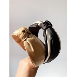 Lemeilleur 2 Pcs Silk Headbands Satin Knot Headband for Women Girls, Topknot Headband Cross Wide Hairbands Hair Accessories Non Slip Fashion Vintage Hair Hoops (Black & Khaki)