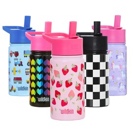 Wildkin Kids 14 oz Reusable BPA-Free Stainless Steel Water Bottle with Leak Proof Lid for Boys & Girls, Insulated, Durable, and Easy to Clean Water Bottles for Toddlers - Strawberry Patch