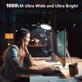 Desk Lamps for Home Office with Stable Base, 1000LM Ultra Bright Eye-Caring LED Desk Light, 3000K-6000K Dimmable Table Lamp with Stepless Dimming & Timing Function for Work, Reading, Bedroom, Bedside